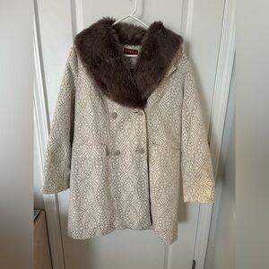 Y2K Merona Gray White Jacquard Double Breasted Faux Fur Peacoat XL